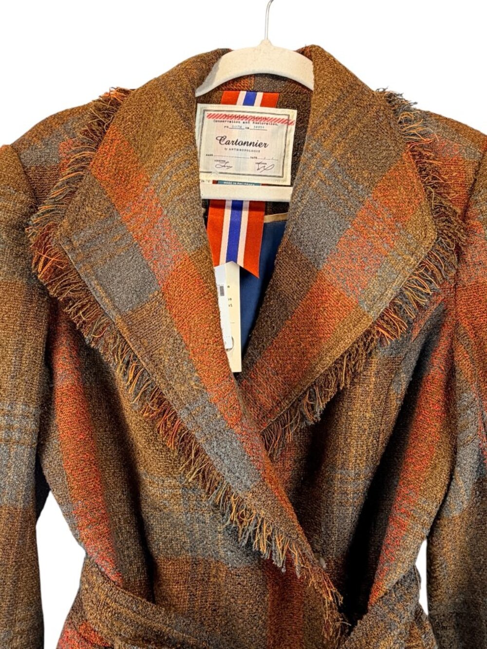 NEW Anthropologie Cartonnier Sophie Plaid Fringe Belted Blazer Pockets Sz 14 NWT - Picture 6 of 15
